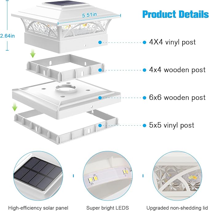 JOFIOS Solar Post Cap Lights Outdoor 12 Pack, White Deck Fence Post Lights Solar Powered with 16 LEDs 2 Lighting Modes, 4x4/5x5/6x6 Waterproof for Garden Patio Porch Backyard