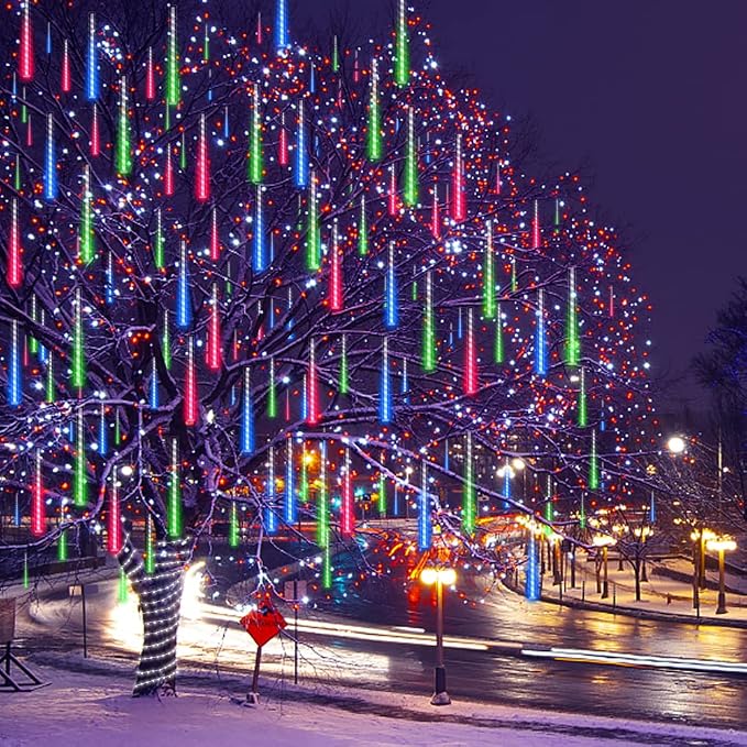 Weepong Meteor Shower Lights UL Certified 192LEDs 8 Tubes Falling Rain Drop Christmas Icicle Cascading Lights for Xmas Tree Halloween Decorations Wedding Party Holiday Garden Decor, Multicolor
