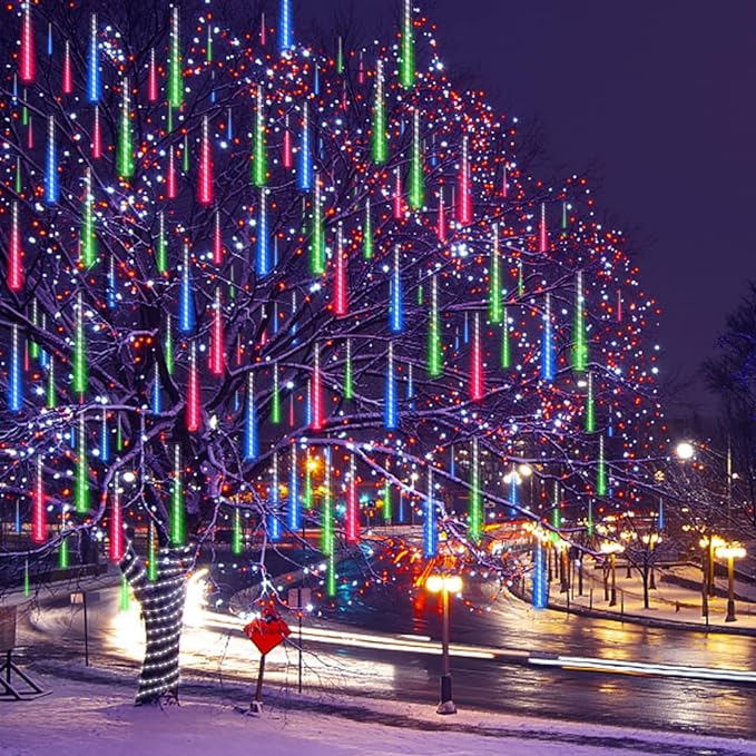 Weepong Meteor Shower Outdoor Christmas Lights 32 Tube 768LEDs Snow Falling Rain Cascading Icicle Light for Christmas Halloween Tree Decorations Wedding Party Garden Decor, UL Plug Multi Color