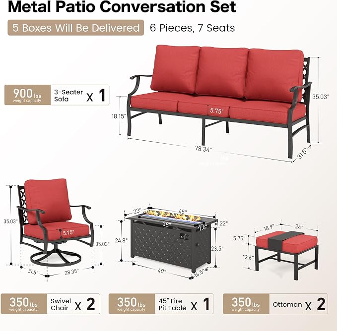 SUNSHINE VALLEY 6 Piece Metal Outdoor Patio Furniture Set with Firepit Table, Patio Conversation Set 1 3-Seater Sofa, 2 Swivel Chair, 2 Ottoman with 5.75" Thick Cushion, Black Backyard Furniture, Red