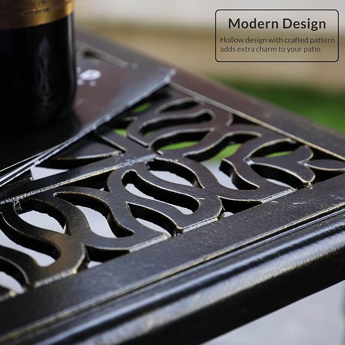 MEETWARM 35.4" Square Patio Dinning Table, Outdoor Cast Aluminum Dinning Large Table with 2.2" Umbrella Hole, Dark Bronze