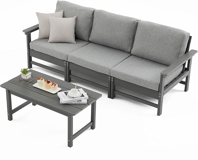 HDPE Outdoor Patio Furniture Set with Cushions, 4 Piece Patio Conversation Set Sofa Set,All Weather Outdoor Couch Set with Coffee Table for Lawn, Garden, Deck