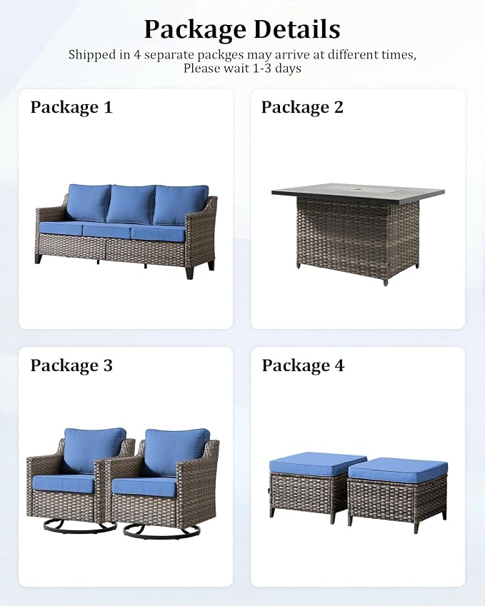 Outdoor Furniture Set of 6, Patio Sofa with Luxury 4" Cushion, Wicker Swivel Rocker Patio Chairs, and Fire Pit Table, High Back&Deep Seat for Garden Deck Porch Balcony Backyard - Blue