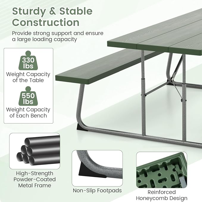 Giantex Folding Picnic Table - 6 FT Outdoor Table Bench Set for 8 Persons w/All-Weather HDPE Tabletop, Metal Leg, Umbrella Hole, Large Outside Dining Table for Patio Garden Yard Poolside (Green)