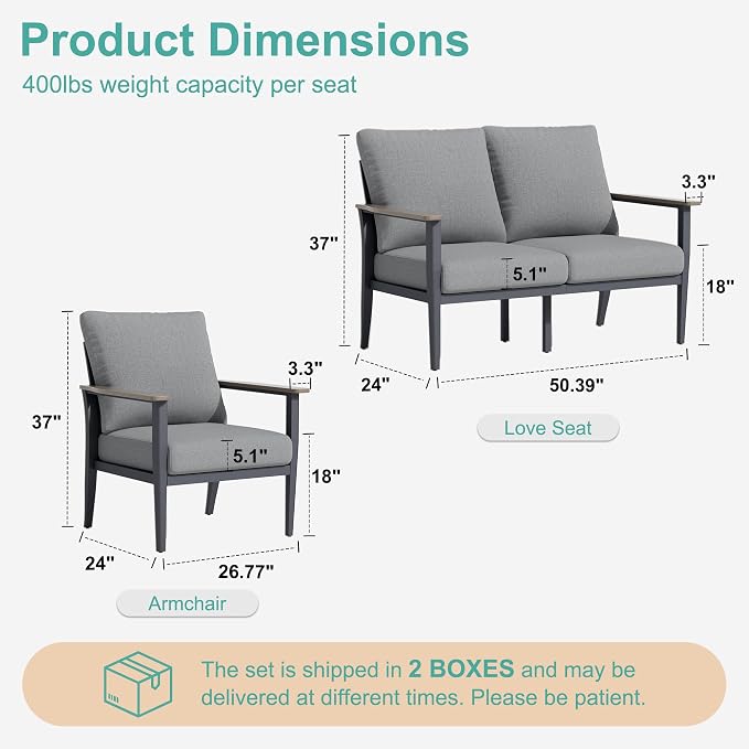 Aluminum Outdoor Patio Furniture Set 4-Seat, Patio Conversation Set Sectional Furniture Set with High Backrest & Thickened Cushions for Garden, Backyard, Poolside, Grey