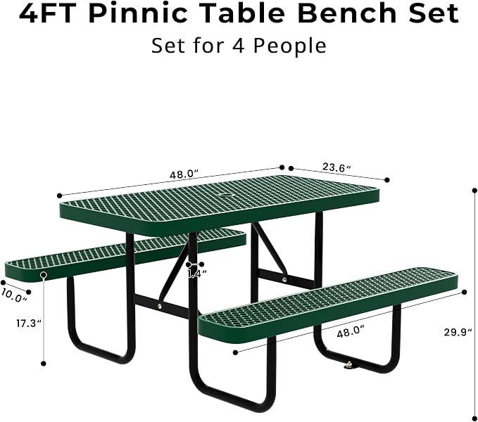 4FT Rectangular Steel Outdoor Picnic Table, Commercial Picnic Table Bench Set with Umbrella Hole, Weather-Resistant Heavy Duty School Dining Table for Stores, Park, Patio, Garden, Backyard, Green