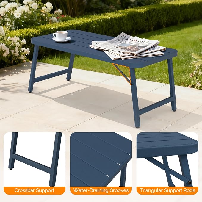 VINGLI Outdoor Folding Coffee Table, Rectangle Drainable Iron Patio Table for Balcony, Porch, and Living Room, Blue