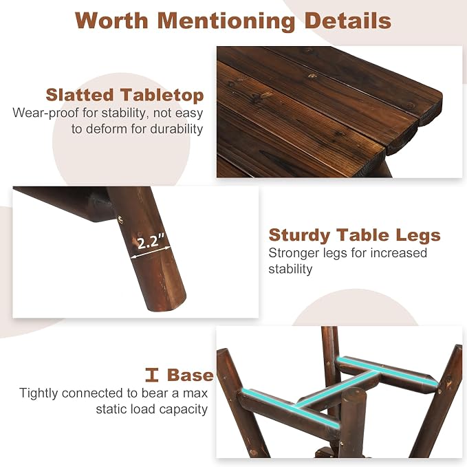 HOMEDIARY Wooden Adirondack Log Side Table, Cedar Wood Outdoor Square End Table w/Slatted Tabletop, Oversize 19.5” Indoor Outdoor Patio Side Coffee Table for Garden Patio Backyard Porch, Carbonized