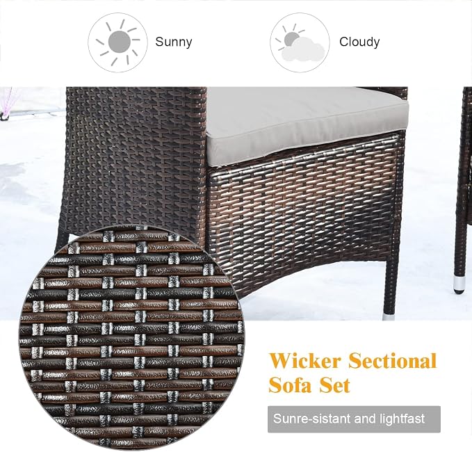 8 Pieces Patio Sofa Set, Patio Rattan Furniture Set with Ergonomic Curved Backrest, Water-Resistant Cushion & Tempered Glass Table for Balcony, Porch (Gray)