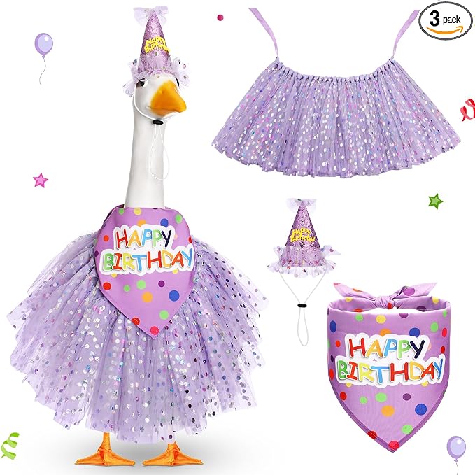3 Pcs Porch Goose Birthday Outfit Girl Cement Goose Clothes,Purple | 23 Inch Porch Goose Outfits Happy Birthday, Porch Goose Outfits Princess, Happy Birthday Hat and Tutu Skirt Bandana