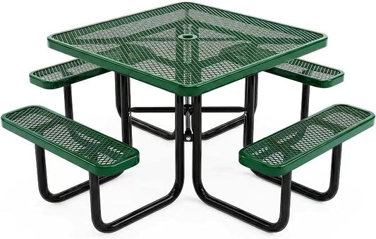 46-Inch Square Metal Outdoor Picnic Table – Commercial Heavy-Duty Steel Dining Table with Thermoplastic Coating, Weather & Rust Resistant, Ideal for Patio, Outside, Garden, Schools(Green)