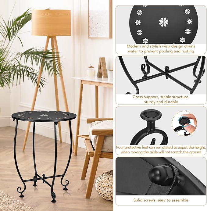 2 Pack Small Outdoor Side Tables for Patio, 14 Inch Metal Patio Side Table, Weather Resistant Steel Outdoor Round End Table for Patio Porch Garden Yard Balcony, Black (Petal)