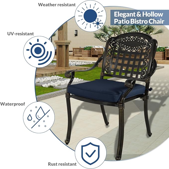 5-Piece Outdoor Patio Dining Set, All-Weather Cast Aluminum Furniture Conversation Set, Include 4 Cushioned Chairs and a 38.5” Round Table with Umbrella Hole for Balcony, Lawn, Navy Blue