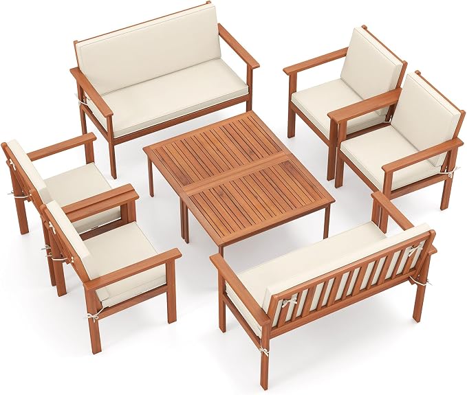 COSTWAY 8 Pieces Acacia Wood Conversation Set, Acacia Wood Porch Chairs with Table, Loveseat and Cushions, Outdoor Conversation Sofa Set for Garden, Balcony and Backyard