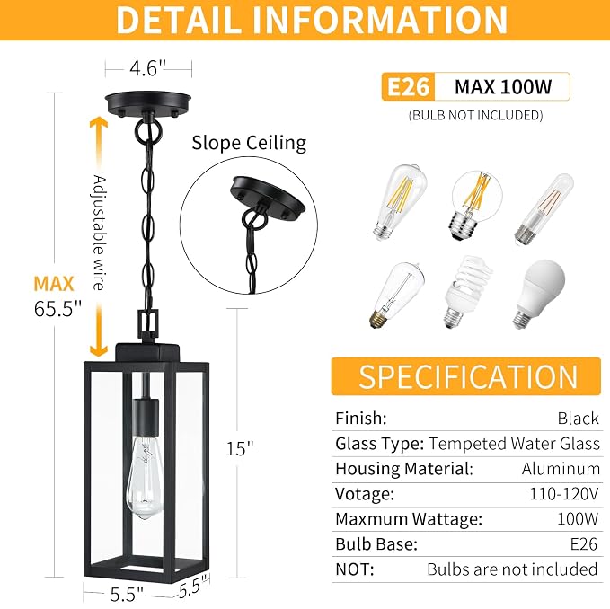 15'' Outdoor Pendant Light 2 Packs, Outside Chandelier Hanging Lantern | Large, Modern Outside Chandelier, Matte Black with Clear Glass, Exterior Pendant Lighting Fixture Ceiling Mount for Porch