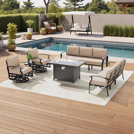 Aluminum Patio Furniture Set with Fire Pit Table, 8 Seats Outdoor Patio Conversation Sets with Swivel Chair Modern Metal Sectional Sofa with Upgrade Cushions for Patio, Backyard - Sand