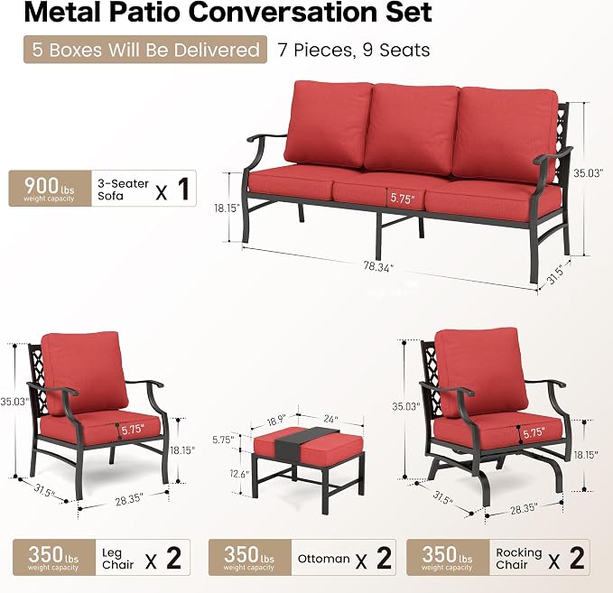 SUNSHINE VALLEY 7 Piece Metal Outdoor Patio Furniture Sets, Patio Conversation Sets 1 3-Seater Sofa, 2 Fixed Chair, 2 Rocking Chair, 2 Ottomans with 5.75" Thick Cushion, Black Backyard Furniture, Red