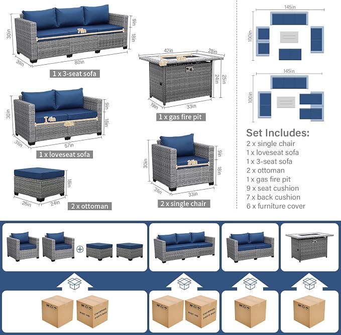 Rattaner Patio Furniture Set with 45-Inch Fire Pit 7-Piece Outdoor Furniture Sets Patio Couch Outdoor Chairs 60000 BTU Propane Fire Pit Table Non-Slip Cushions and Waterproof Covers, Navy Blue