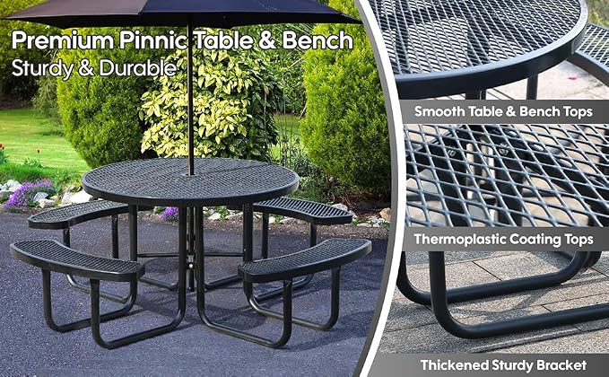 46 Inch Round Outdoor Metal Picnic Table, All-Weather Patio Dining Set for 6-8 Adults, Heavy Duty Steel with Central Umbrella Hole, Perfect for Garden, Backyard, Deck & Small Spaces - Easy Assembly