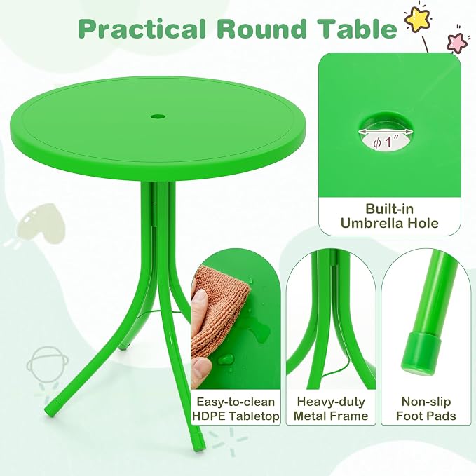KOTEK Kids Picnic Table with Umbrella, Outdoor Table & 2 Folding Chairs, Cute Pattern Children’s Patio Furniture, Portable Kids Table and Chair Set for Backyard, Garden, Beach (Green)