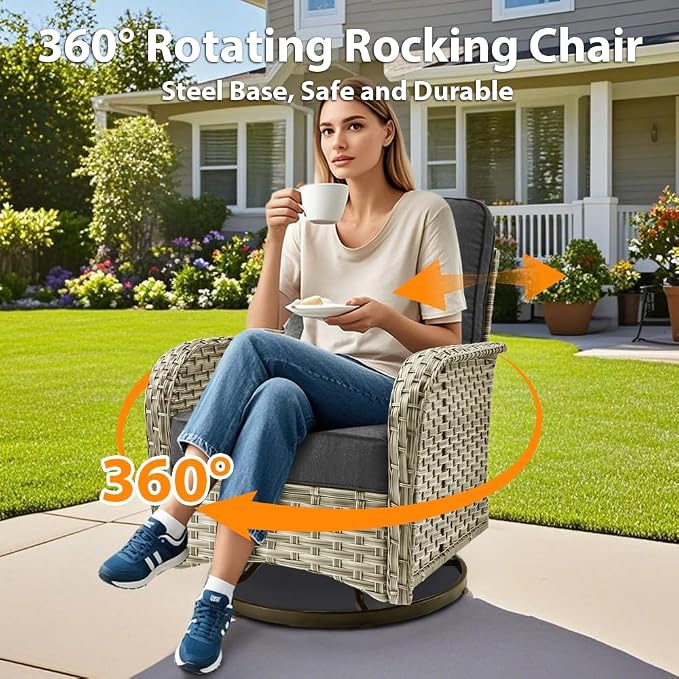 10 Pieces Patio Sectional Furniture Set, Outdoor Wicker Sectional Couch with High Back Swivel Rocker Chairs Solar Lights Table, Modern Conversation Set for Porch Balcony Backyard, Black