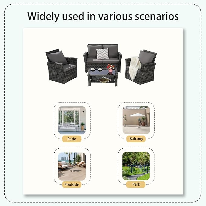 Patio Furniture Set 4 Pieces of Outdoor Furniture, Wicker Conversation Sectional Sofa Set Patio Table and Chairs with Cushion and Glass Table for Patio Backyard Lawn