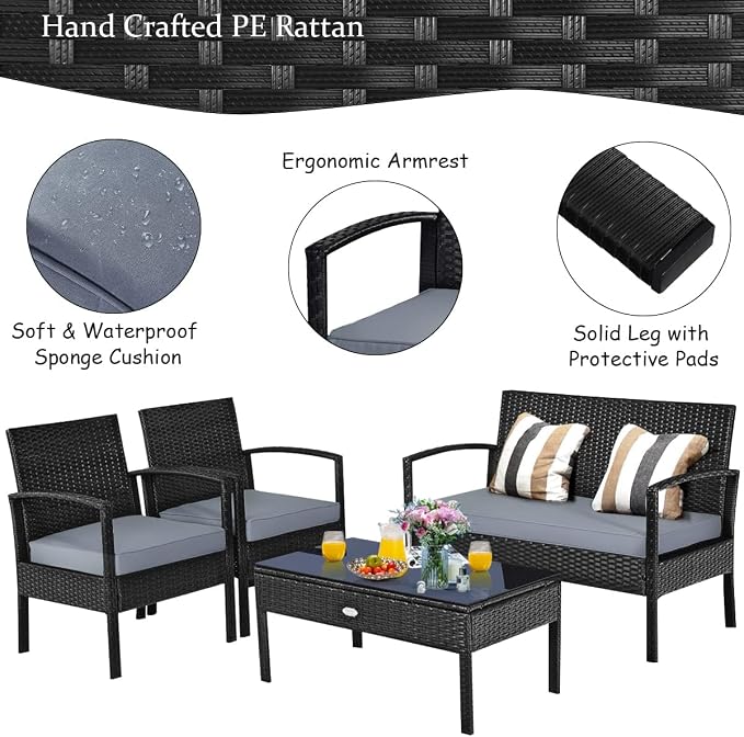 HAPPYGRILL 8 Pieces Patio Conversation Set Outdoor Rattan Wicker Sofa & Coffee Table Furniture Set for Patio Garden Poolside