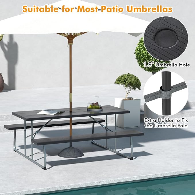Tangkula 6 Ft Folding Picnic Table, Outdoor 8 Person Large Picnic Table Set with 2 Built-in Benches, Umbrella Hole, Metal Frame & HDPE Tabletop for Garden, Backyard (Black)