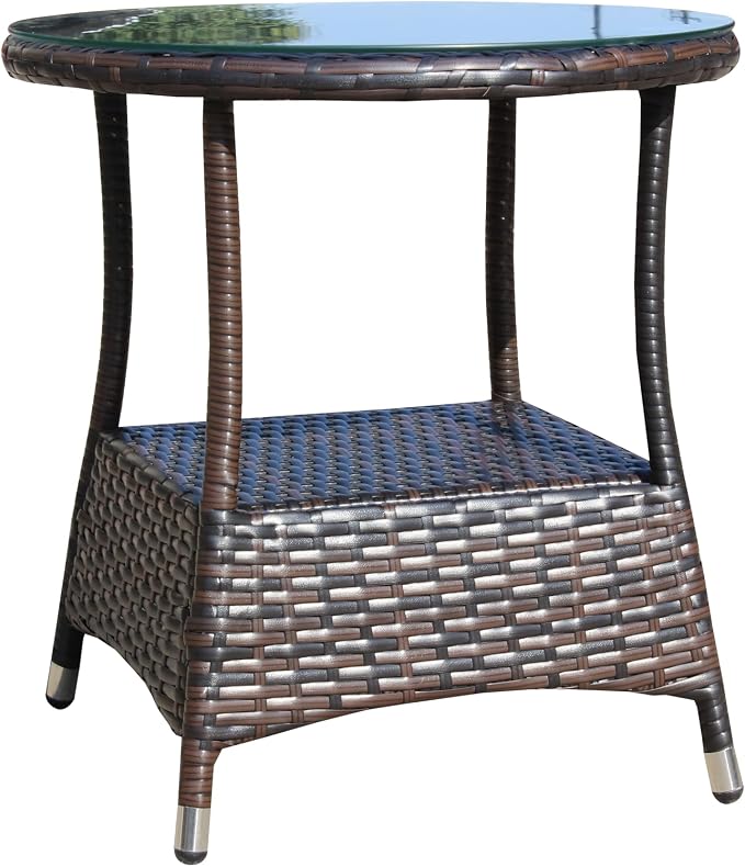Outdoor Patio Round Coffee Table with Clear Tempered Glass Top Ideal for Garden Deck and Outdoor Entertaining Space-Saving Design