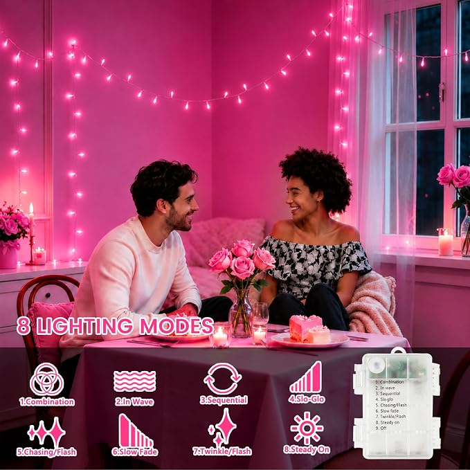 2 Pack 200 LED Battery Operated String Lights, Twinkle Fairy Lights Pink | 66FT 8 Modes Battery Lights Indoor Outdoor with Auto Timer, Waterproof Lights for Bedroom Party Porch Tree Holiday Decor