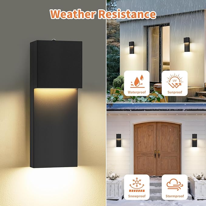 15'' Modern LED Outdoor Wall Sconce, Black Dusk to Dawn Wall Lights | Auto ON-OFF, Waterproof Exterior House Lights, Hardwired Front Porch Light Fixtures, Metal, 3000K, 2 Pack, Easy to Install