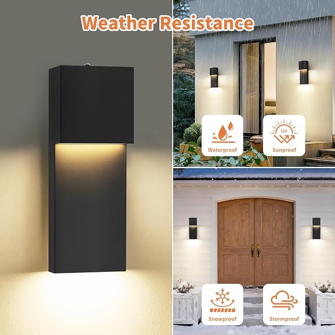 15'' Modern LED Outdoor Wall Sconce, Black Dusk to Dawn Lights,1 Pack | Auto ON-OFF, Waterproof Exterior House Lights, Hardwired Front Porch Light Fixtures for Garage, Metal, 3000K, Easy to Install