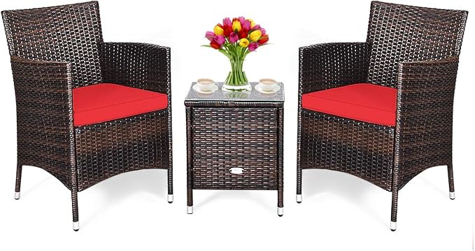 DORTALA Wicker Patio Furniture Set 3 Piece, Small Outdoor Table & Chairs Set with Cushions, All-Weather Rattan Conversation Bistro Set for Balcony, Porch, Backyard, Deck, Red