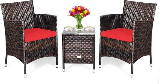 DORTALA Wicker Patio Furniture Set 3 Piece, Small Outdoor Table & Chairs Set with Cushions, All-Weather Rattan Conversation Bistro Set for Balcony, Porch, Backyard, Deck, Red