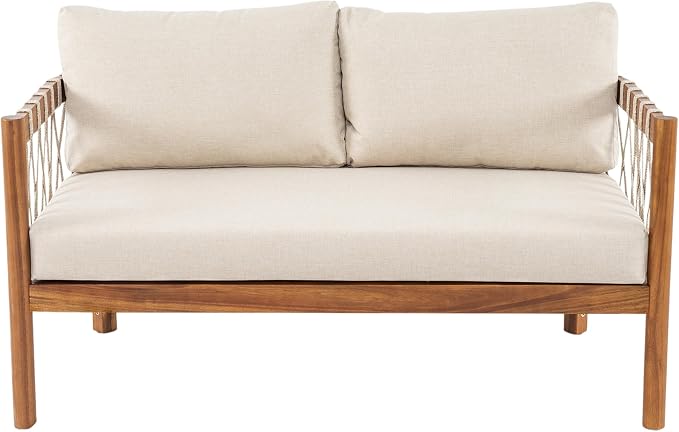 Christopher Knight Home Haven Acacia Wood Outdoor Loveseat and Coffee Table Set, 2 Piece Patio Furniture Set with Water-Repellent Cushion, Solid Wood Outdoor Conversation Set, Beige+Teak