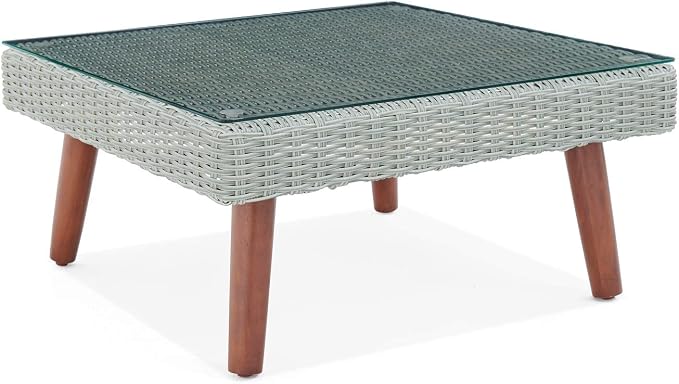Alaterre Furniture Albany All-Weather Wicker Outdoor Gray 29" Square Coffee Table with Glass Top, brown