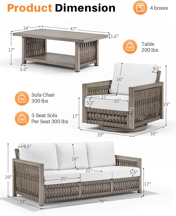 4 Pieces Outdoor Furniture Set, Never-Rust Aluminum Swivel Patio Conversation Set with Thick Cushions, Rope Weave Outdoor Sofa Set, Deep Seating Sofa Set for Garden, Pool, Porch, Gray Oak