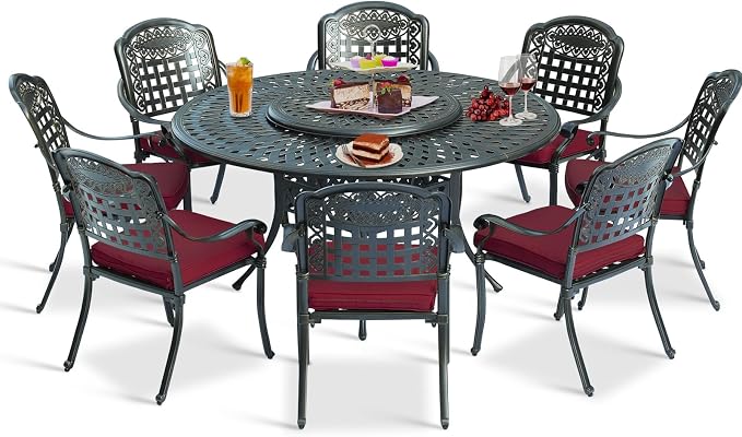 9-Piece Patio Cast Aluminum Dining Set, Outdoor Dining Furniture Set for 8 Person, Includes 8 Cushioned Chairs and 61" Large Round Dining Table with 31" Lazy Susan, Umbrella Hole, Red