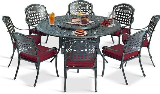 9-Piece Patio Cast Aluminum Dining Set, Outdoor Dining Furniture Set for 8 Person, Includes 8 Cushioned Chairs and 61" Large Round Dining Table with 31" Lazy Susan, Umbrella Hole, Red