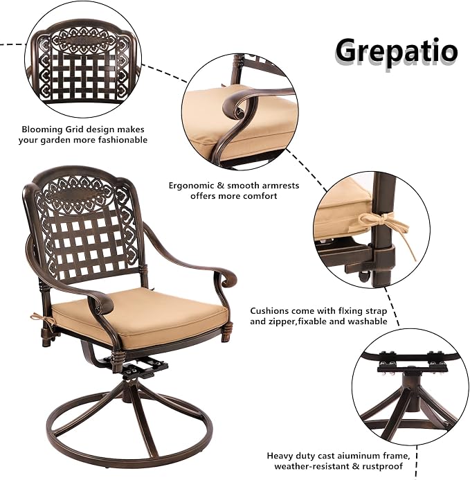Grepatio 9 Piece Cast Aluminum Patio Furniture Set Outdoor Dining Set Bistro Furniture Set with 6&2 Swivel Chairs and Table with Umbrella Hole, 8 Cushions for Backyard Garden Poolside (Grid Khaki)