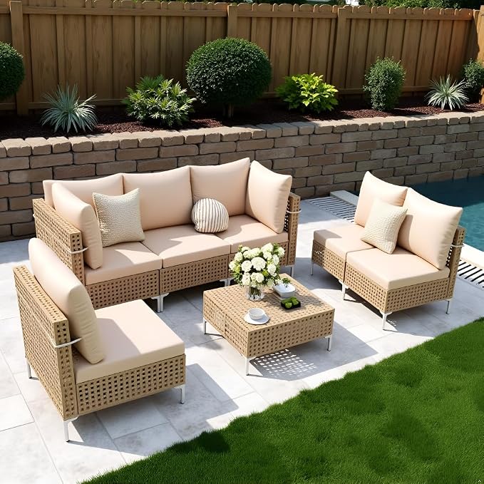 Outdoor Wicker Patio Furniture Set - 7 Piece | Outdoor Wicker Sectional Couch, Weave Rattan Sofa, with Coffee Table & Thick Cushion, Perfect for Deck, Garden, Backyard