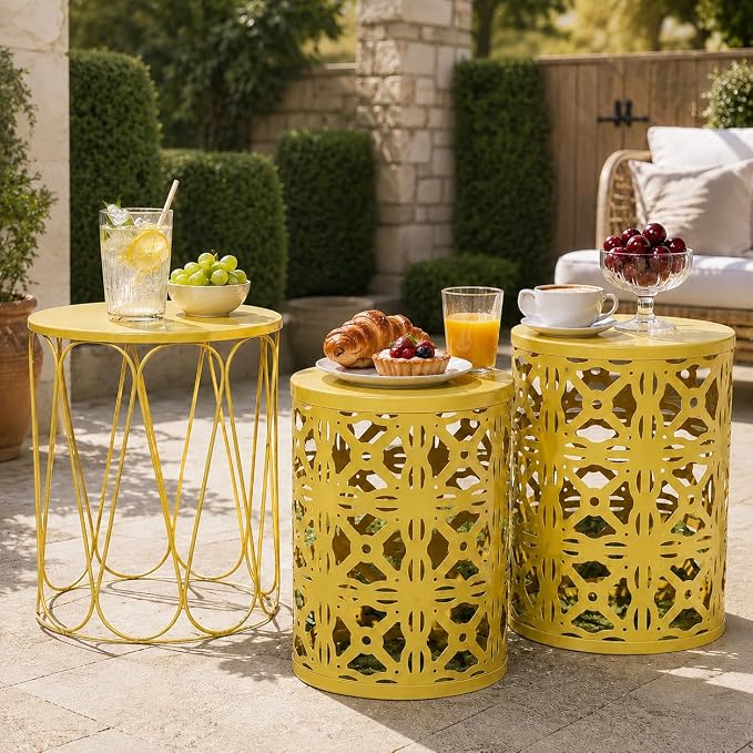 Y&M Set of 3 Stacking Coffee Table for Living Room, Patio Side Table,Indoor End Tables for Bedroom, Outdoor Decorative Garden Stool with Heavy Duty Metal Frame Modern Industrial Decor - Yellow