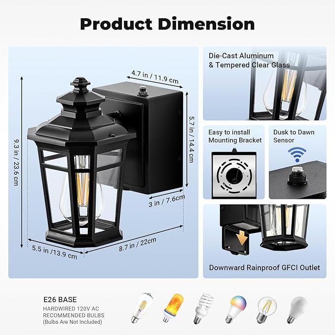 Gleamz Black Dusk to Dawn Outdoor Lighting with GFCI Outlet, Exterior Light Fixtures with Outlet, 9in H Lantern Wall Mount Aluminum Waterproof Anti-rust, Outside Lights for House, Proch, Patio, Garage