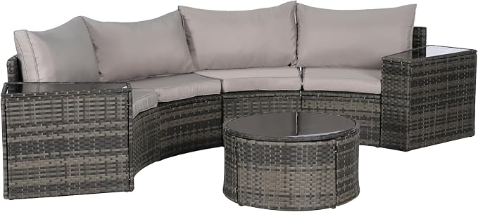 KEIKI 7-Piece Half-Moon Outdoor Patio Furniture Set, Rattan Patio Conversation Set with Coffee Table & 2 Sofa Side Table & 4 Curved Armless Sofa, Wicker Curved Sectional Sofa Set, for Backyard, Gray