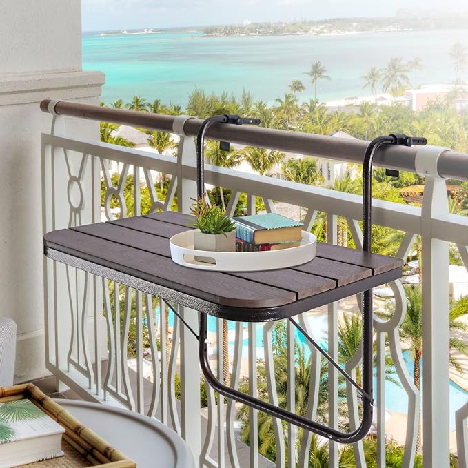 Balcony Railing Table Outdoor Hanging Folding Brown Aluminium Metal Side Table Adjustable 23.6"L x 15.7"W