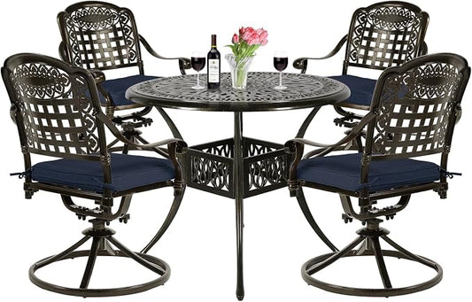 VIVIJASON 5-Piece Outdoor Patio Dining Set, All-Weather Cast Aluminum Conversation Set, Patio Furniture Set, Include 4 Swivel Cushioned Chairs, 1 Round Table w/Umbrella Hole, Navy Blue Cushion