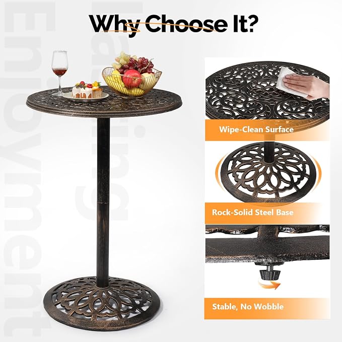 VINGLI 40" Outdoor Bar Table, High Top Table, Cast Aluminum Outdoor Pub Table 40-Inch Height, Round Bar Table Bistro Table for Patio, Cocktail, Bistro(28" Dia x 40 H)