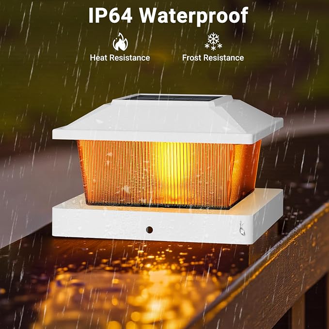 btfarm 4x4 Solar Flame Post Cap Lights Outdoor, 4 Pack Flickering Flame Deck Fence Post Lights, Waterproof Solar Powered Lighting Outside Fit 4x4 3.5x3.5 Wooden/Vinyl for Porch Patio Garden