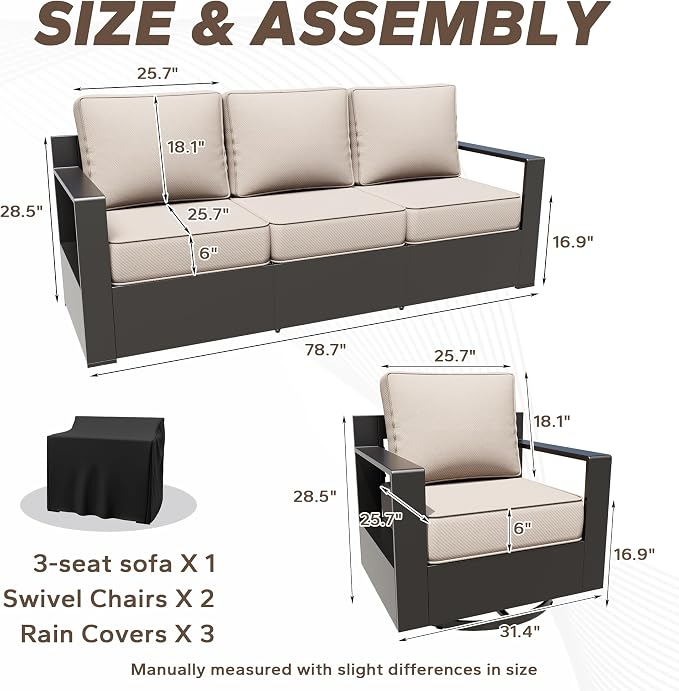 Aluminum Patio 79" Sofa Set with 2 Swivel Rocker Chairs, All Weather Outdoor Conversation Furniture with Metal Armrest & 6" Removable Cushions & Furniture Covers for Deck (Beige)