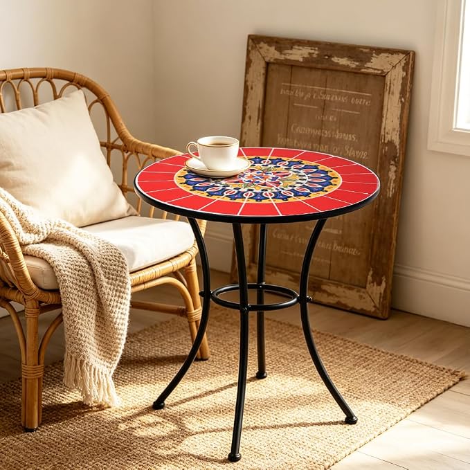 24 Inch Mosaic Patio Round Side Table with Ring Curved Legs Indoor and Outdoor Accent End Table for Yard, Garden, Living Room, Bistro, A - Red Mandala